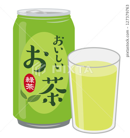 Canned juice_green tea (can and glass) 127379763
