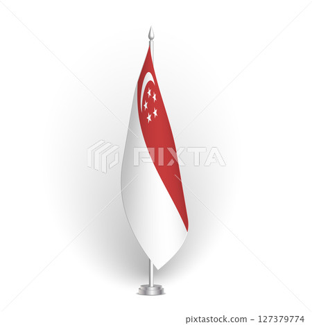 Singapore flag - 3D standard conference flag hanging on ground flagpole. Usable for summit, indoor meeting, board room, government office, press room or reception. Vector flag with shading 127379774