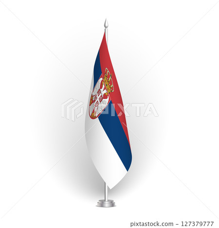 Serbia flag - 3D standard conference flag hanging on ground flagpole. Usable for summit, indoor meeting, board room, government office, press room or reception. Vector flag with shading 127379777