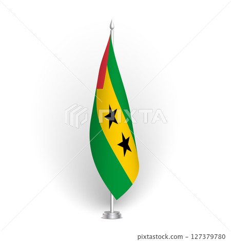 Sao Tome and Principe flag - 3D standard conference flag hanging on ground flagpole. Usable for summit, indoor meeting, board room, government office, press room or reception. Vector flag with shading 127379780