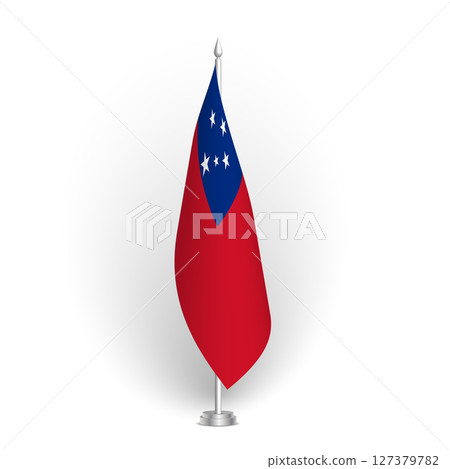 Samoa flag - 3D standard conference flag hanging on ground flagpole. Usable for summit, indoor meeting, board room, government office, press room or reception. Vector flag with shading Samoa flag - 3D standard conference flag hanging on ground flagpole. Usable for summit, indoor meeting, board room, government office, press room or reception. Vector flag with shading 127379782