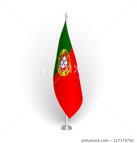 Portugal flag - 3D standard conference flag hanging on ground flagpole. Usable for summit, indoor meeting, board room, government office, press room or reception. Vector flag with shading Portugal flag - 3D standard conference flag hanging on ground flagpole. Usable for summit, indoor meeting, board room, government office, press room or reception. Vector flag with shading 127379792