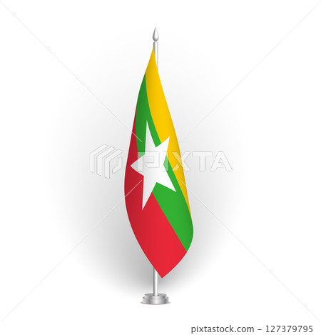 Myanmar flag - 3D standard conference flag hanging on ground flagpole. Usable for summit, indoor meeting, board room, government office, press room or reception. Vector flag with shading Myanmar flag - 3D standard conference flag hanging on ground flagpole. Usable for summit, indoor meeting, board room, government office, press room or reception. Vector flag with shading 127379795