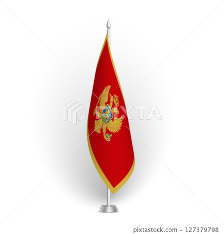 Montenegro flag - 3D standard conference flag hanging on ground flagpole. Usable for summit, indoor meeting, board room, government office, press room or reception. Vector flag with shading 127379798