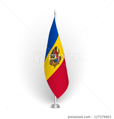 Moldova flag - 3D standard conference flag hanging on ground flagpole. Usable for summit, indoor meeting, board room, government office, press room or reception. Vector flag with shading Moldova flag - 3D standard conference flag hanging on ground flagpole. Usable for summit, indoor meeting, board room, government office, press room or reception. Vector flag with shading 127379801