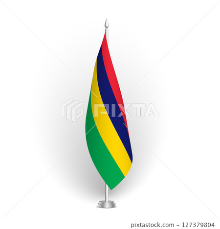 Mauritius flag - 3D standard conference flag hanging on ground flagpole. Usable for summit, indoor meeting, board room, government office, press room or reception. Vector flag with shading 127379804