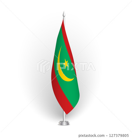 Mauritania flag - 3D standard conference flag hanging on ground flagpole. Usable for summit, indoor meeting, board room, government office, press room or reception. Vector flag with shading Mauritania flag - 3D standard conference flag hanging on ground flagpole. Usable for summit, indoor meeting, board room, government office, press room or reception. Vector flag with shading 127379805