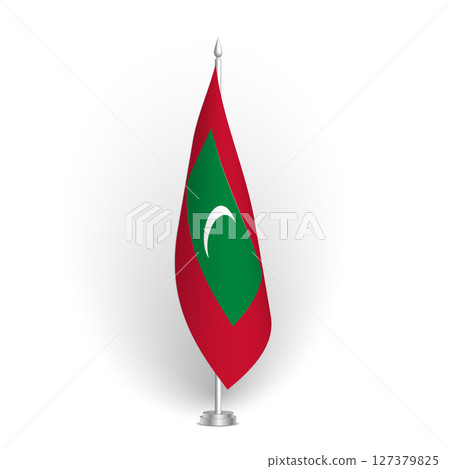Maldives flag - 3D standard conference flag hanging on ground flagpole. Usable for summit, indoor meeting, board room, government office, press room or reception. Vector flag with shading 127379825