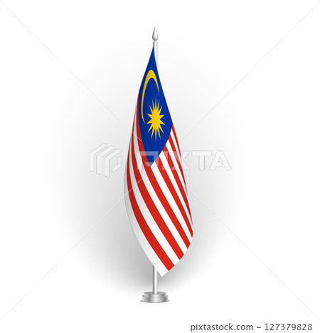 Malaysia flag - 3D standard conference flag hanging on ground flagpole. Usable for summit, indoor meeting, board room, government office, press room or reception. Vector flag with shading Malaysia flag - 3D standard conference flag hanging on ground flagpole. Usable for summit, indoor meeting, board room, government office, press room or reception. Vector flag with shading 127379828