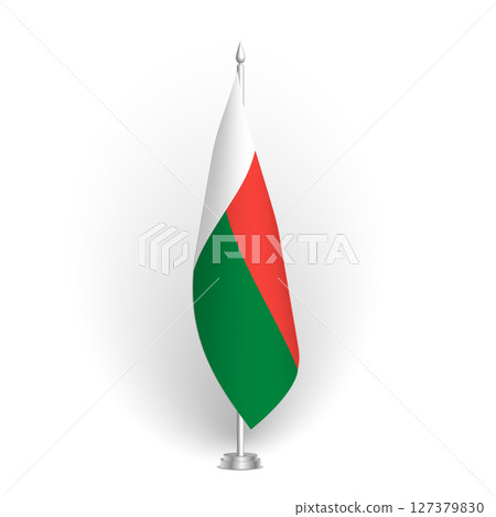 Madagascar flag - 3D standard conference flag hanging on ground flagpole. Usable for summit, indoor meeting, board room, government office, press room or reception. Vector flag with shading Madagascar flag - 3D standard conference flag hanging on ground flagpole. Usable for summit, indoor meeting, board room, government office, press room or reception. Vector flag with shading 127379830