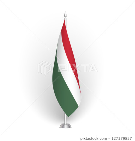 Hungary flag - 3D standard conference flag hanging on ground flagpole. Usable for summit, indoor meeting, board room, government office, press room or reception. Vector flag with shading 127379837