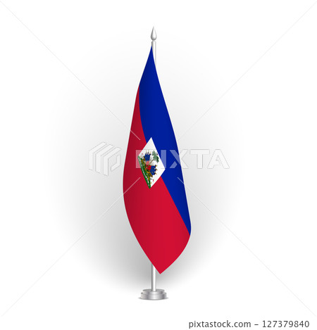 Haiti flag - 3D standard conference flag hanging on ground flagpole. Usable for summit, indoor meeting, board room, government office, press room or reception. Vector flag with shading 127379840