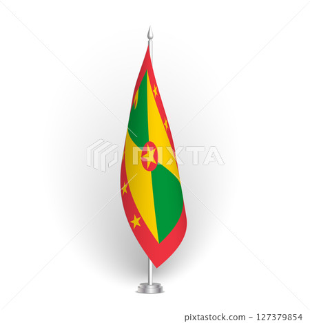 Grenada flag - 3D standard conference flag hanging on ground flagpole. Usable for summit, indoor meeting, board room, government office, press room or reception. Vector flag with shading 127379854