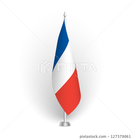 France flag - 3D standard conference flag hanging on ground flagpole. Usable for summit, indoor meeting, board room, government office, press room or reception. Vector flag with shading 127379861