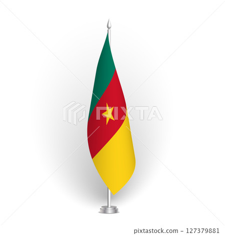 Cameroon flag - 3D standard conference flag hanging on ground flagpole. Usable for summit, indoor meeting, board room, government office, press room or reception. Vector flag with shading Cameroon flag - 3D standard conference flag hanging on ground flagpole. Usable for summit, indoor meeting, board room, government office, press room or reception. Vector flag with shading 127379881