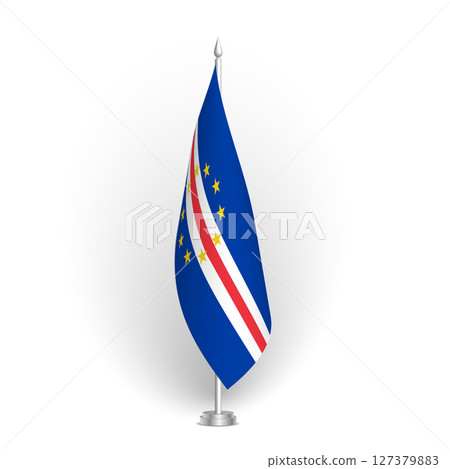 Cape Verde flag - 3D standard conference flag hanging on ground flagpole. Usable for summit, indoor meeting, board room, government office, press room or reception. Vector flag with shading Cape Verde flag - 3D standard conference flag hanging on ground flagpole. Usable for summit, indoor meeting, board room, government office, press room or reception. Vector flag with shading 127379883