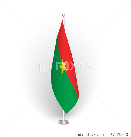 Burkina Faso flag - 3D standard conference flag hanging on ground flagpole. Usable for summit, indoor meeting, board room, government office, press room or reception. Vector flag with shading 127379890