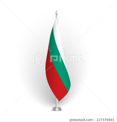 Bulgaria flag - 3D standard conference flag hanging on ground flagpole. Usable for summit, indoor meeting, board room, government office, press room or reception. Vector flag with shading 127379891