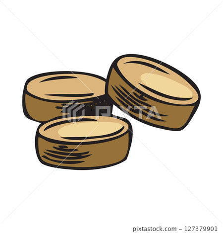 Maca root extract pills pile sketch, vector hand drawn superfood ingredient, medicinal supplement tablet organic product 127379901