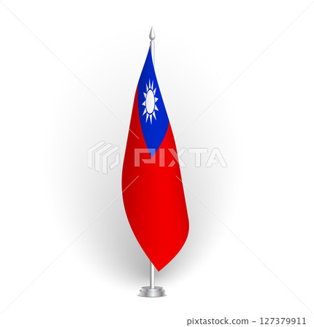 Taiwan flag - 3D standard conference flag hanging on ground flagpole. Usable for summit, indoor meeting, board room, government office, press room or reception. Vector flag with shading Taiwan flag - 3D standard conference flag hanging on ground flagpole. Usable for summit, indoor meeting, board room, government office, press room or reception. Vector flag with shading 127379911