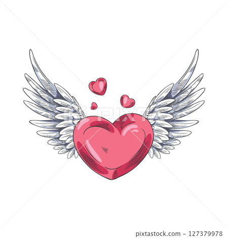 Red heart with angel wings raised up, color sketch, hand drawn. Red heart with angel wings raised up, color sketch, hand drawn. 127379978