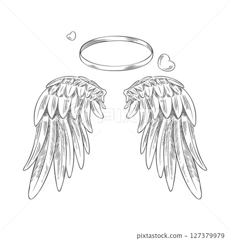 Sketch of angel wings and halo with small hearts around, hand drawn. 127379979