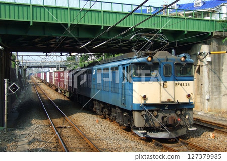 A freight train (2459) pulled by EF64-54 entering the siding on the Musashino Line, photographed on August 4, 2007 127379985