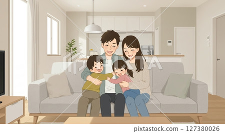 A happy family relaxing in the living room A happy family relaxing in the living room 127380026