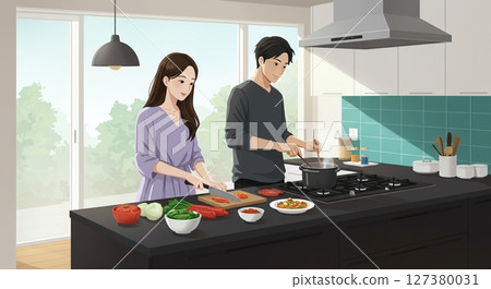 Cooking with love and a smile! A couple's everyday life working together in the kitchen 127380031