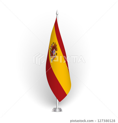 Spain flag - 3D standard conference flag hanging on ground flagpole. Usable for summit, indoor meeting, board room, government office, press room or reception. Vector flag with shading Spain flag - 3D standard conference flag hanging on ground flagpole. Usable for summit, indoor meeting, board room, government office, press room or reception. Vector flag with shading 127380128