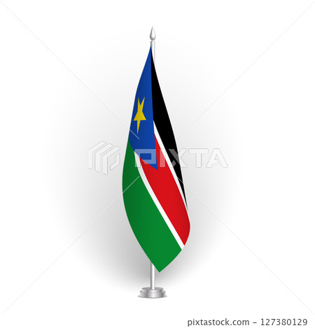 South Sudan flag - 3D standard conference flag hanging on ground flagpole. Usable for summit, indoor meeting, board room, government office, press room or reception. Vector flag with shading South Sudan flag - 3D standard conference flag hanging on ground flagpole. Usable for summit, indoor meeting, board room, government office, press room or reception. Vector flag with shading 127380129