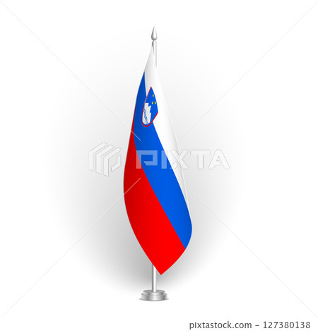 Slovenia flag - 3D standard conference flag hanging on ground flagpole. Usable for summit, indoor meeting, board room, government office, press room or reception. Vector flag with shading 127380138