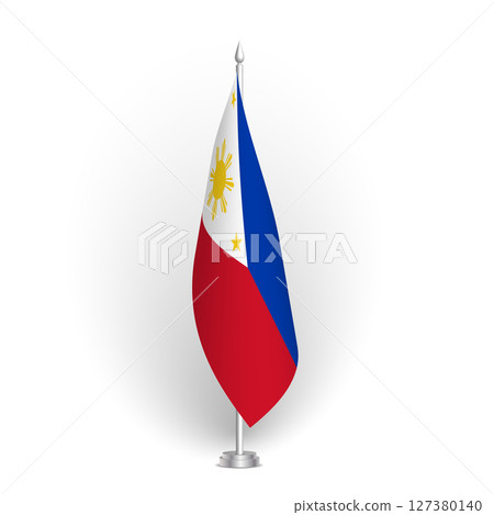 Philippines flag - 3D standard conference flag hanging on ground flagpole. Usable for summit, indoor meeting, board room, government office, press room or reception. Vector flag with shading 127380140