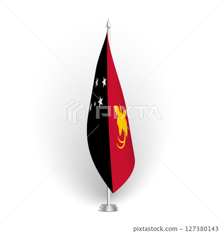 Papua New Guinea flag - 3D standard conference flag hanging on ground flagpole. Usable for summit, indoor meeting, board room, government office, press room or reception. Vector flag with shading 127380143