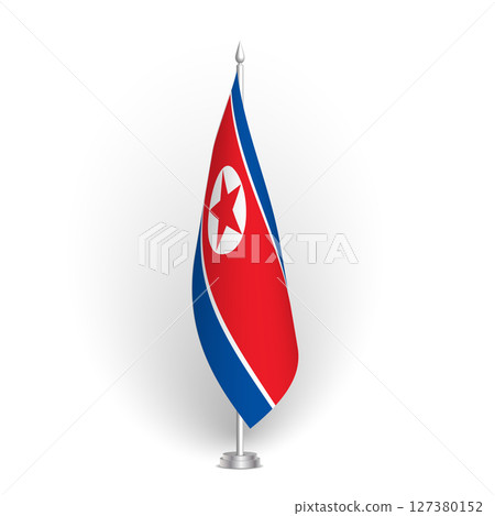 North Korea flag - 3D standard conference flag hanging on ground flagpole. Usable for summit, indoor meeting, board room, government office, press room or reception. Vector flag with shading 127380152