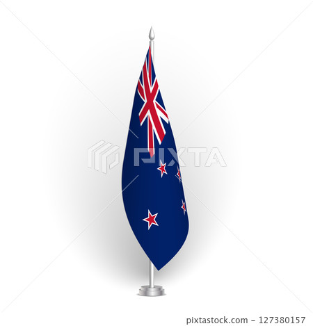 New Zealand flag - 3D standard conference flag hanging on ground flagpole. Usable for summit, indoor meeting, board room, government office, press room or reception. Vector flag with shading 127380157