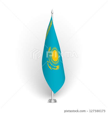 Kazakhstan flag - 3D standard conference flag hanging on ground flagpole. Usable for summit, indoor meeting, board room, government office, press room or reception. Vector flag with shading 127380173