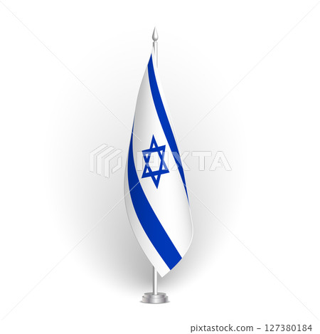 Israel flag - 3D standard conference flag hanging on ground flagpole. Usable for summit, indoor meeting, board room, government office, press room or reception. Vector flag with shading 127380184
