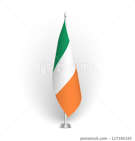 Ireland flag - 3D standard conference flag hanging on ground flagpole. Usable for summit, indoor meeting, board room, government office, press room or reception. Vector flag with shading 127380185