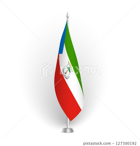 Equatorial Guinea flag - 3D standard conference flag hanging on ground flagpole. Usable for summit, indoor meeting, board room, government office, press room or reception. Vector flag with shading 127380192