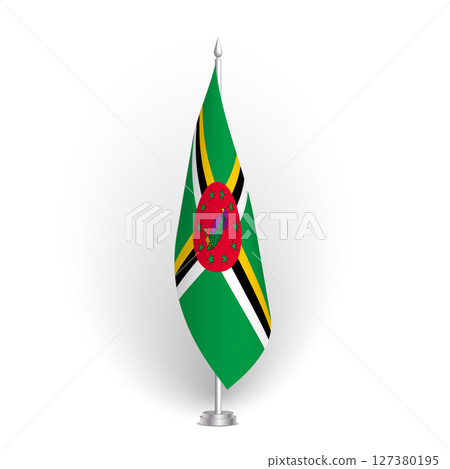 Dominica flag - 3D standard conference flag hanging on ground flagpole. Usable for summit, indoor meeting, board room, government office, press room or reception. Vector flag with shading 127380195