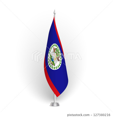 Belize flag - 3D standard conference flag hanging on ground flagpole. Usable for summit, indoor meeting, board room, government office, press room or reception. Vector flag with shading 127380216