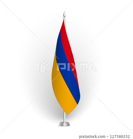Armenia flag - 3D standard conference flag hanging on ground flagpole. Usable for summit, indoor meeting, board room, government office, press room or reception. Vector flag with shading Armenia flag - 3D standard conference flag hanging on ground flagpole. Usable for summit, indoor meeting, board room, government office, press room or reception. Vector flag with shading 127380232