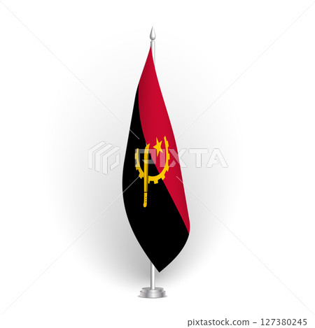 Angola flag - 3D standard conference flag hanging on ground flagpole. Usable for summit, indoor meeting, board room, government office, press room or reception. Vector flag with shading Angola flag - 3D standard conference flag hanging on ground flagpole. Usable for summit, indoor meeting, board room, government office, press room or reception. Vector flag with shading 127380245