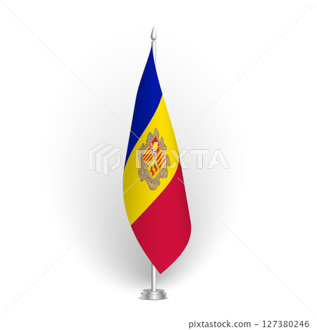 Andorra flag - 3D standard conference flag hanging on ground flagpole. Usable for summit, indoor meeting, board room, government office, press room or reception. Vector flag with shading Andorra flag - 3D standard conference flag hanging on ground flagpole. Usable for summit, indoor meeting, board room, government office, press room or reception. Vector flag with shading 127380246
