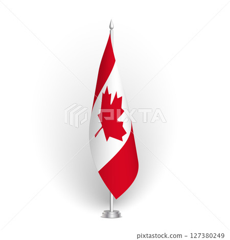 Canada flag - 3D standard conference flag hanging on ground flagpole. Usable for summit, indoor meeting, board room, government office, press room or reception. Vector flag with shading 127380249