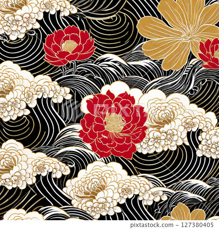 Japanese pattern with woven Japanese flowers and butterflies 127380405