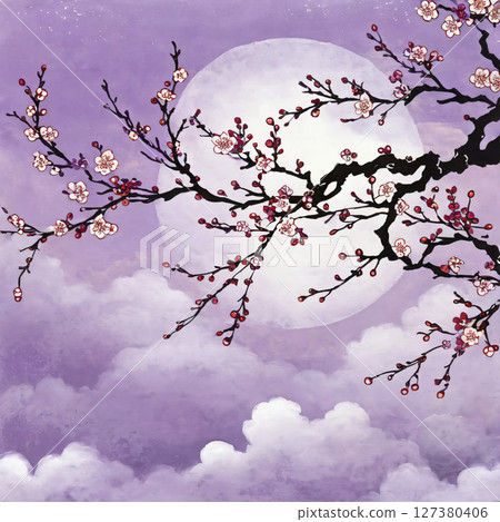 夢幻可愛的櫻花和夜空背景 127380406