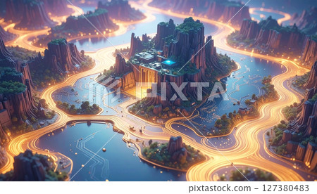 Glowing circuit board topography with liquid gold. Background concept. Generated Image 127380483