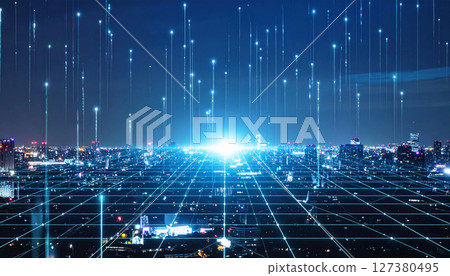 cyberpunk cityscape on holographic UI grid background. Generated Image cyberpunk cityscape on holographic UI grid background. Generated Image 127380495